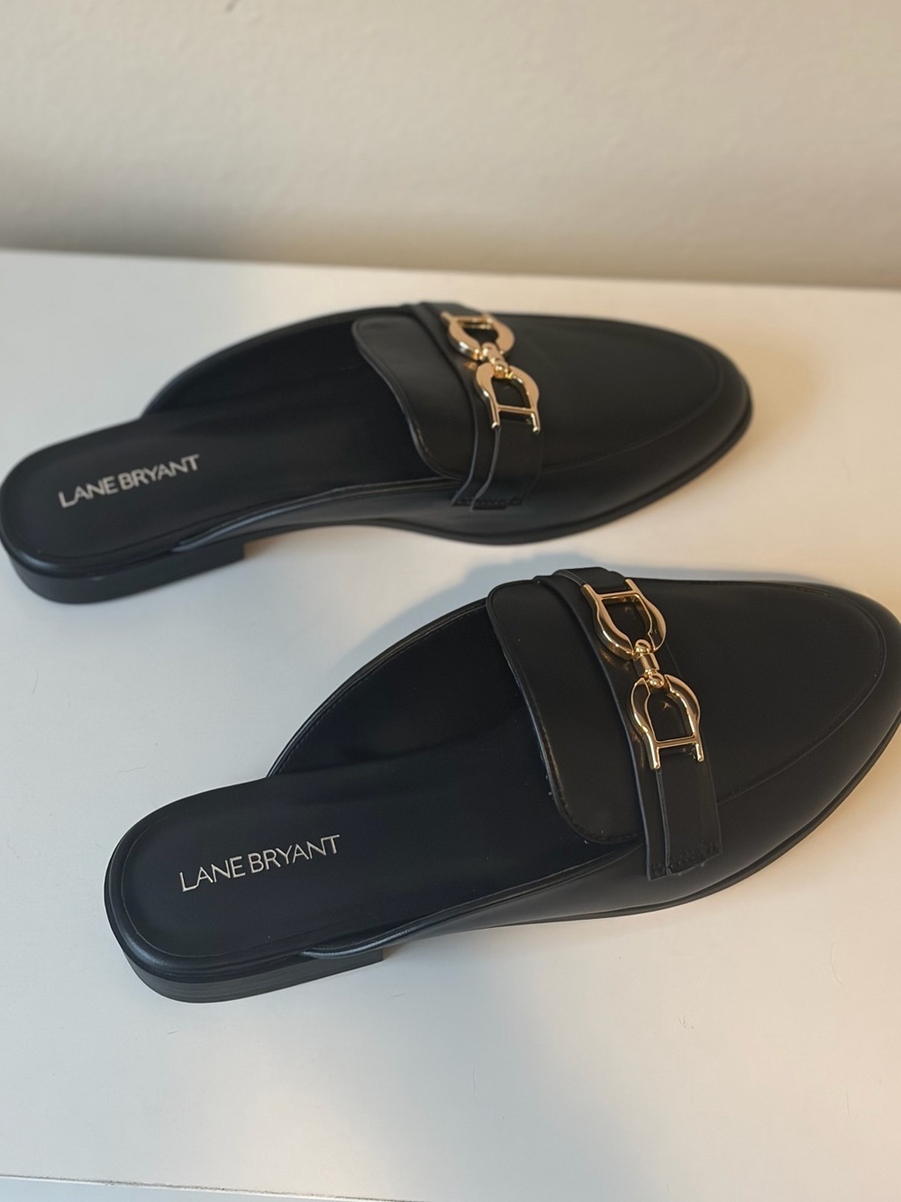 Lane Bryant Black Leather Slide Mule with Gold Hardware